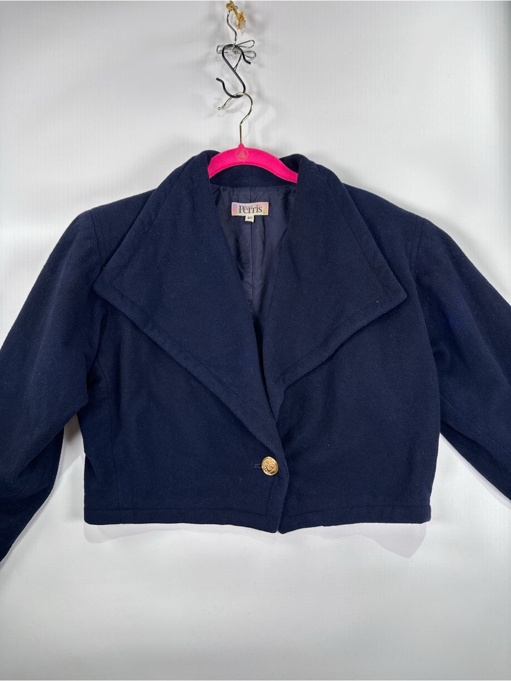 Bernard Perris Vintage Cropped Asymmetrical Wool Blazer Navy 40 - Picture 3 of 11